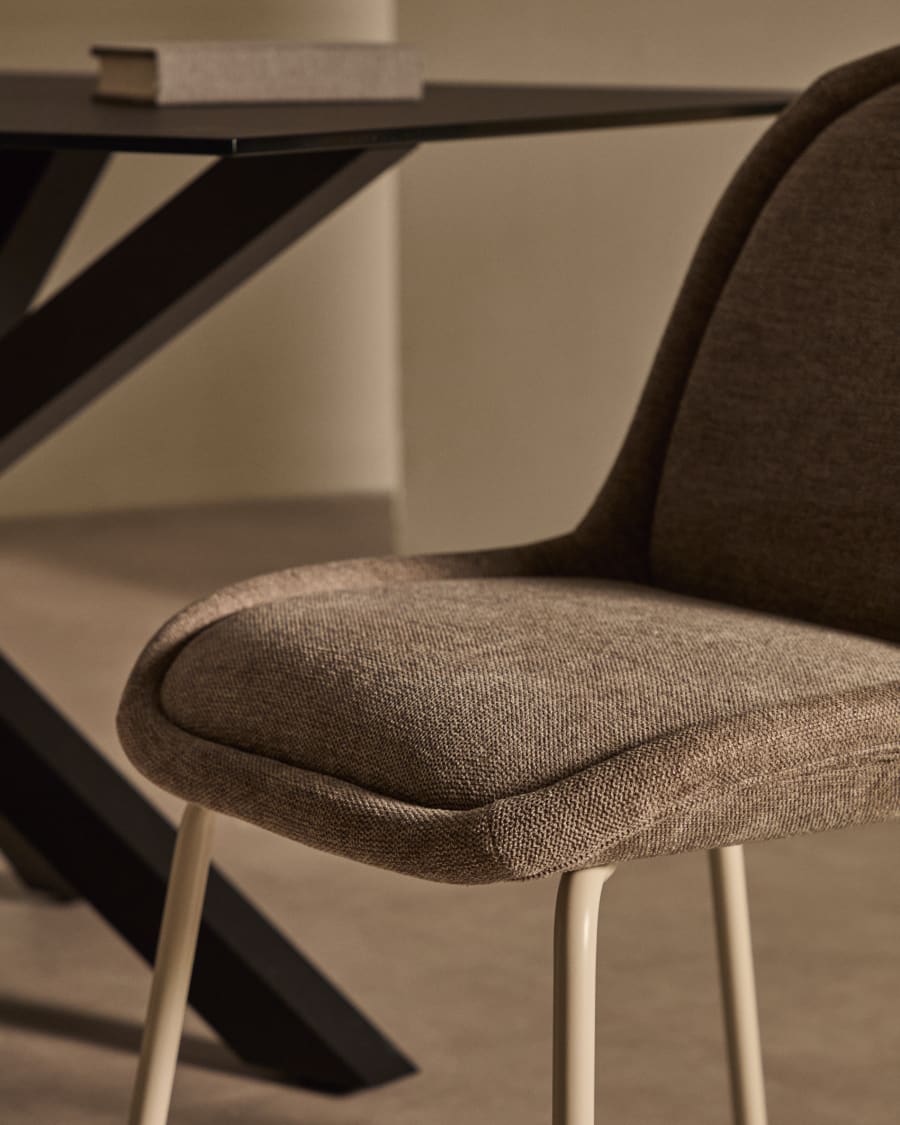 Aimin chair in brown chenille and steel legs with a matte beige painted finish FSC Mix Credit