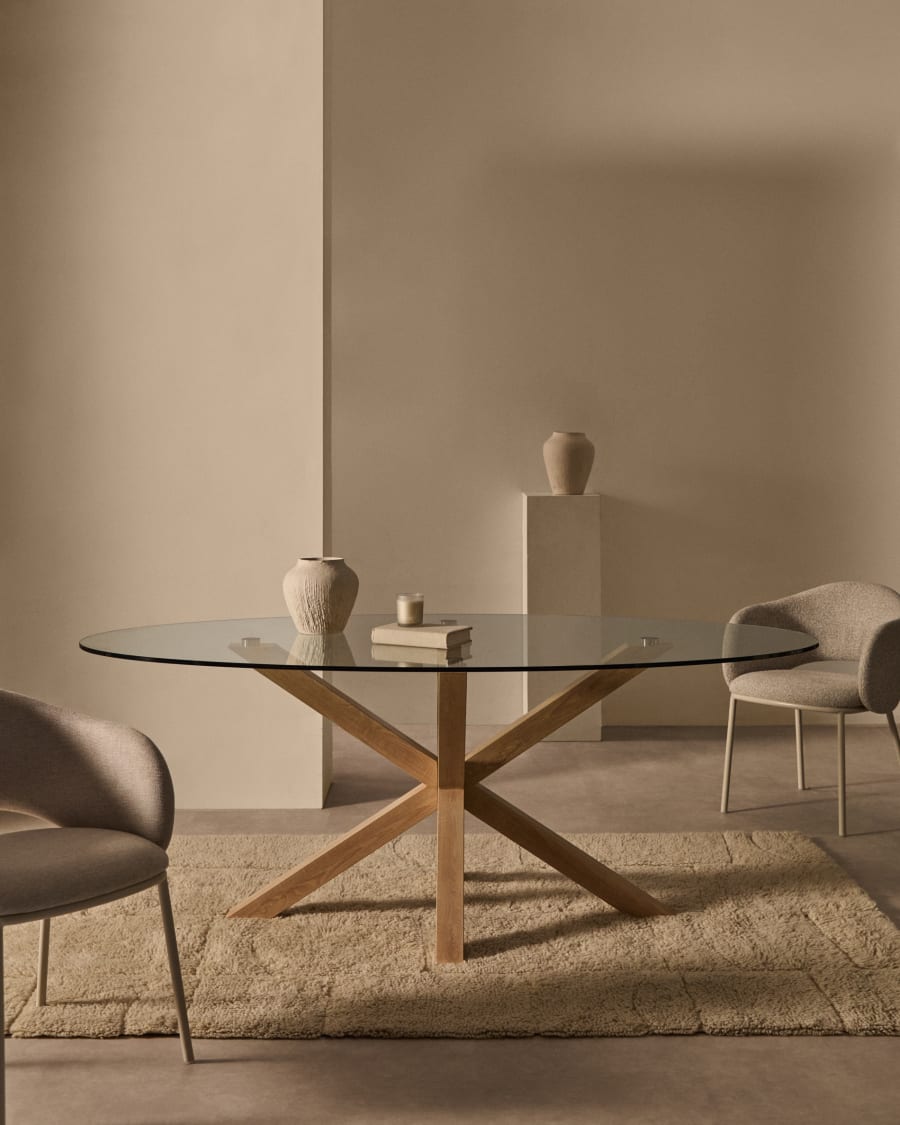 Ovaler Tisch Argo aus Glas und Stahlbeinen in Holzoptik Ø 200 x 100 cm