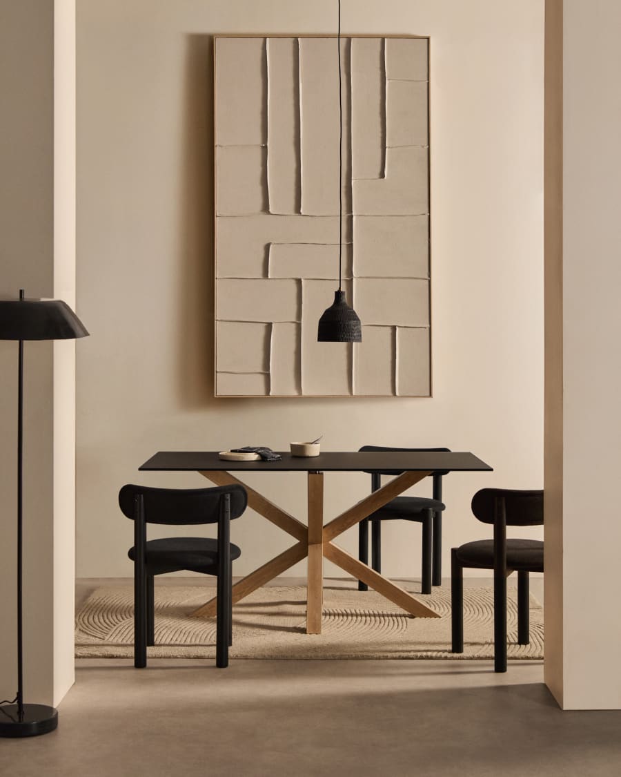 Argo table in frosted black glass and wood-effect steel legs 160 x 90 cm