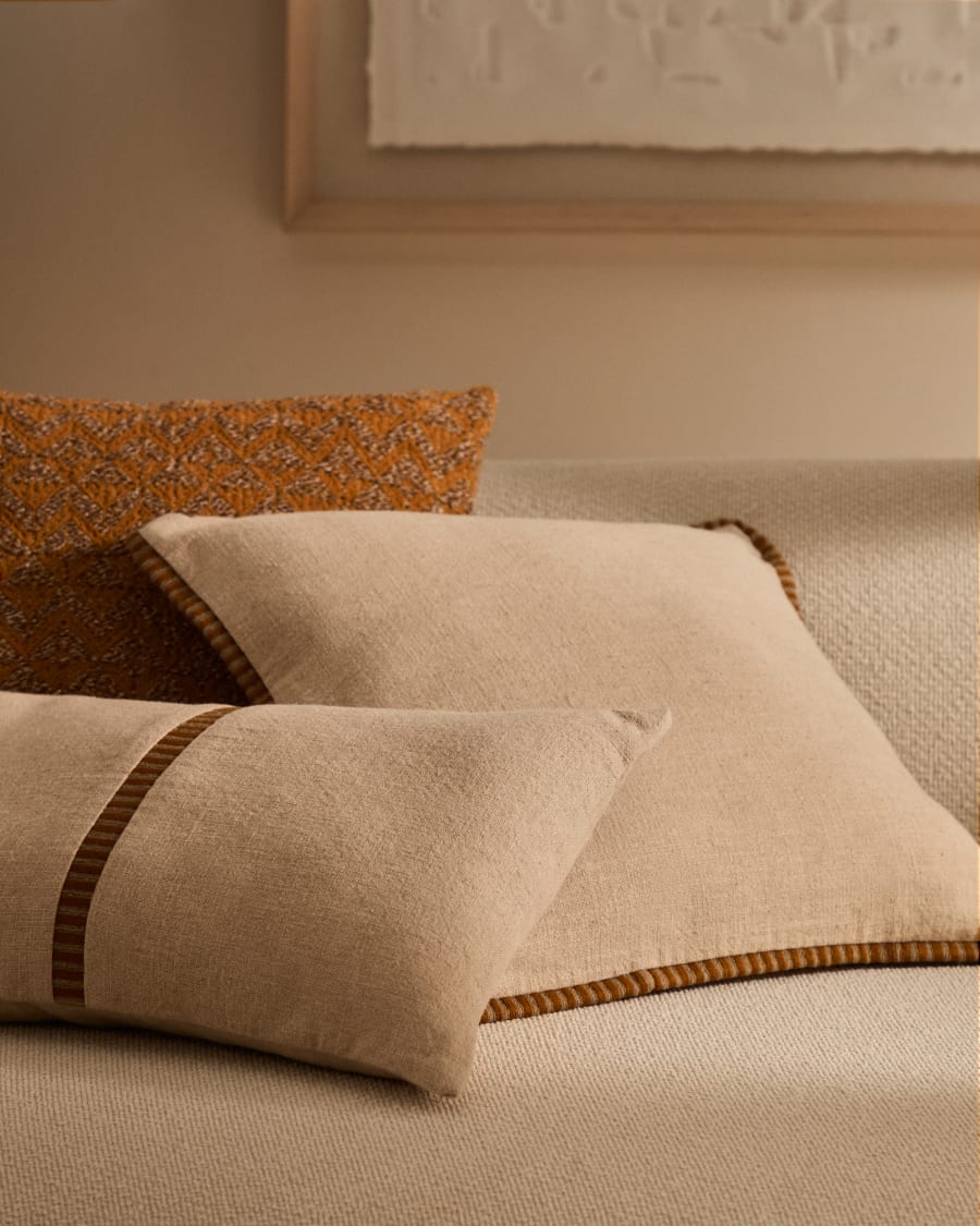 Ardit beige linen and cotton cushion cover mustard coloured embroidered stripe 30x50cm Kave Home Italy