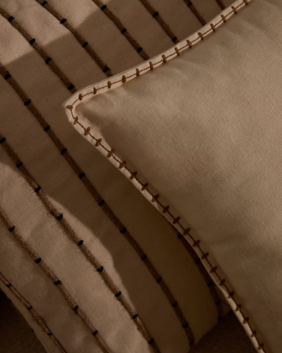 Rakira beige cotton cushion cover with mustard-coloured embroidery feature, 45 x 45 cm
