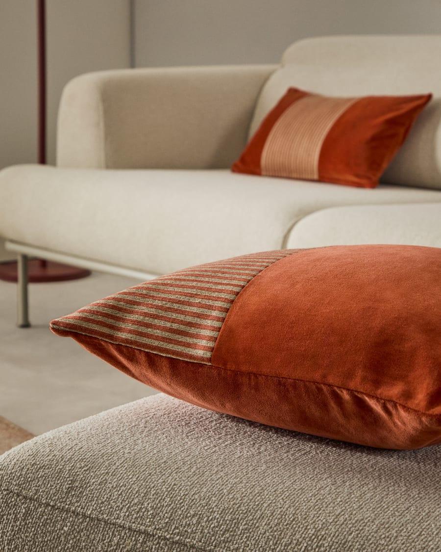 Samit 100% cotton velvet cushion cover with contrasting red stripes, 45 x 45 cm