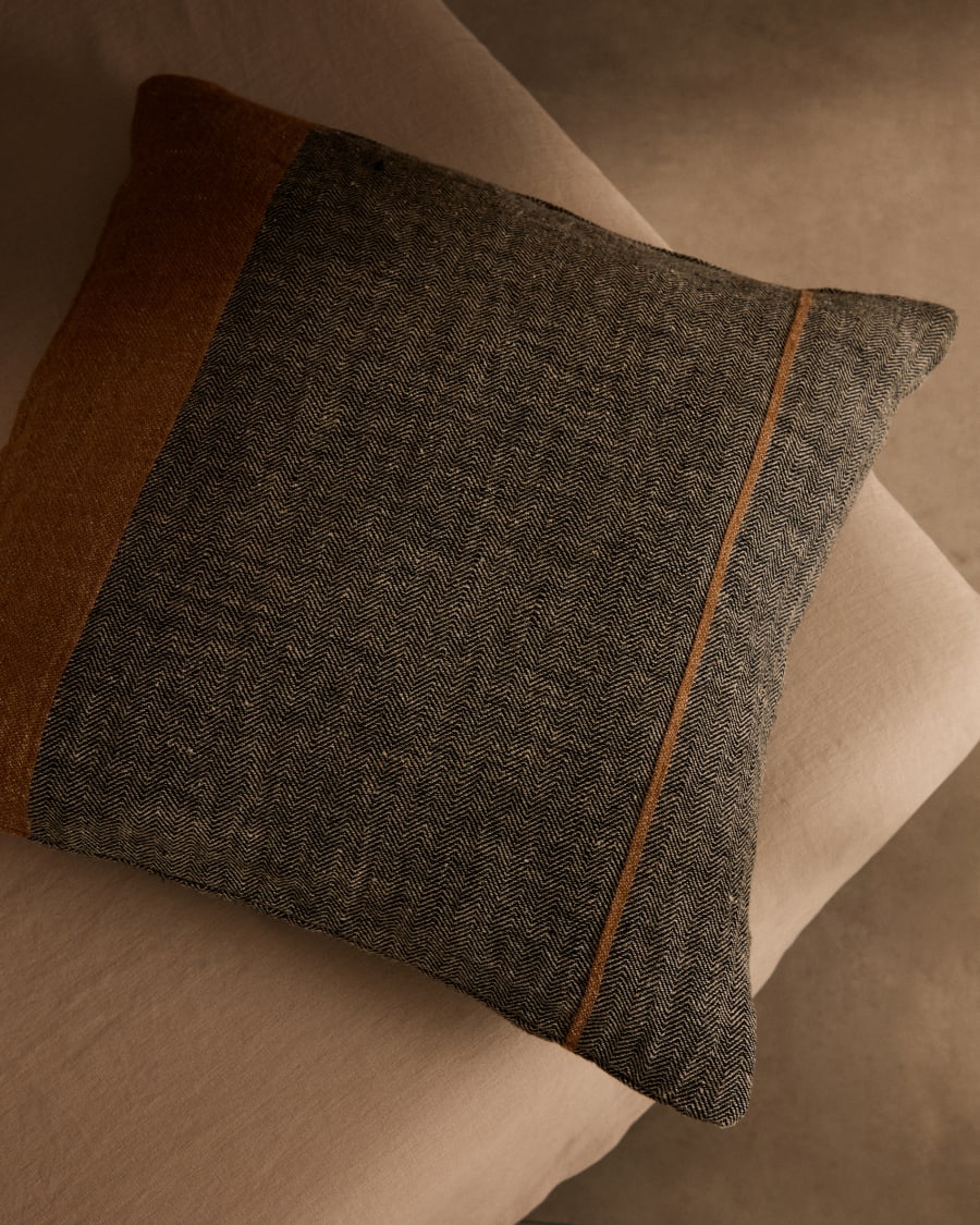 Eiko 100% grey linen cushion cover with vertical terracotta stripes, 50 x 50 cm