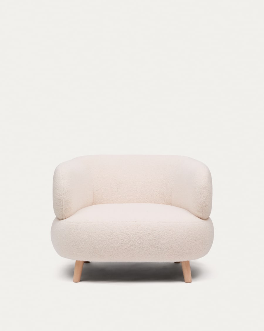 Luisa armchair in ecru boucle with solid beech wood legs 90 cm
