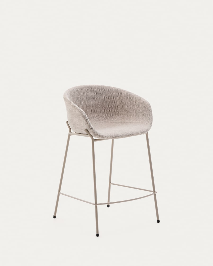 Yvette stool in beige chenille and steel legs in a beige finish, 65 cm high