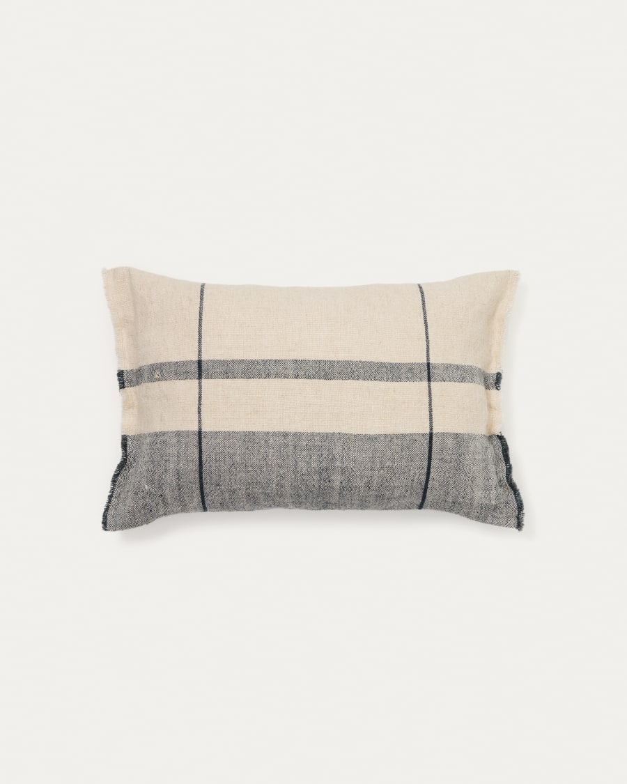 Eron beige and blue checked linen cushion cover with fringing 40 x 60cm