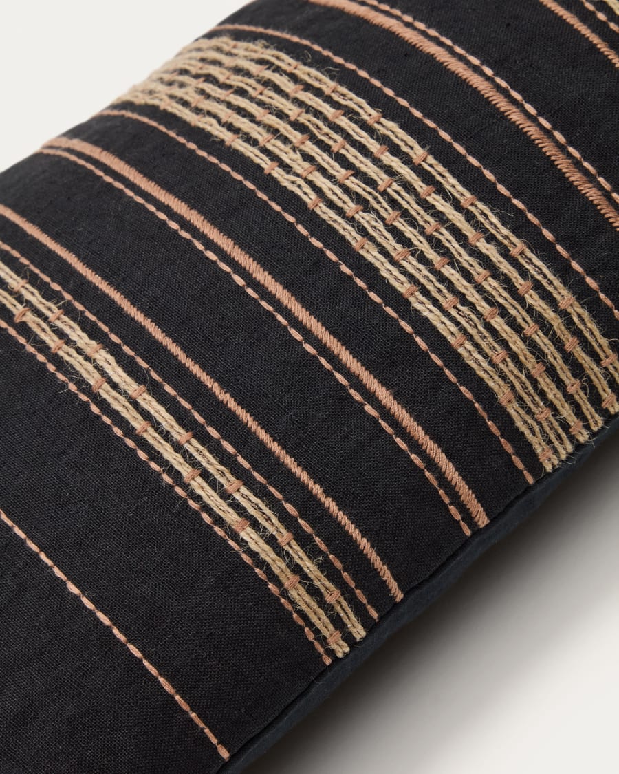 Sairu linen cushion cover with black and beige jute embroidery 30 x 50cm