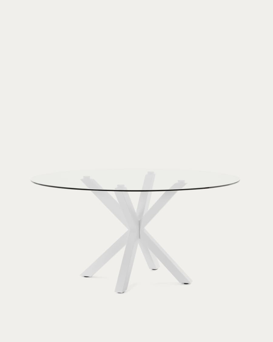 Argo round table with glass top and white-finished steel legs, Ø150 cm