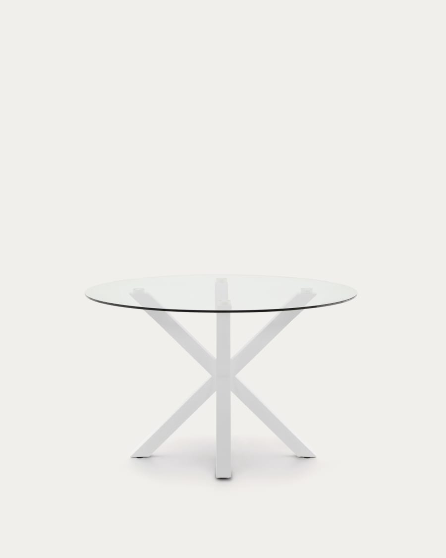 Argo round table with glass top and white-finished steel legs, Ø120 cm