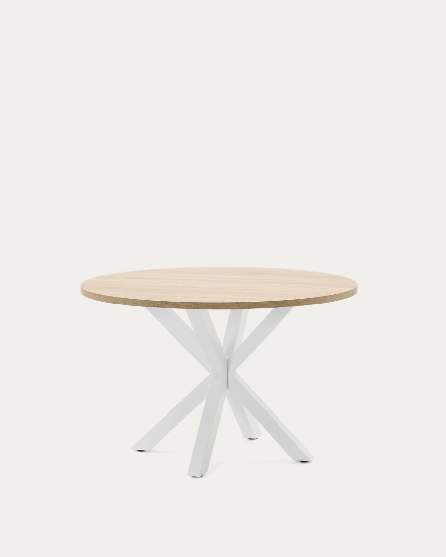 Argo round table with oak-effect melamine top and white-finished steel legs, Ø120 cm