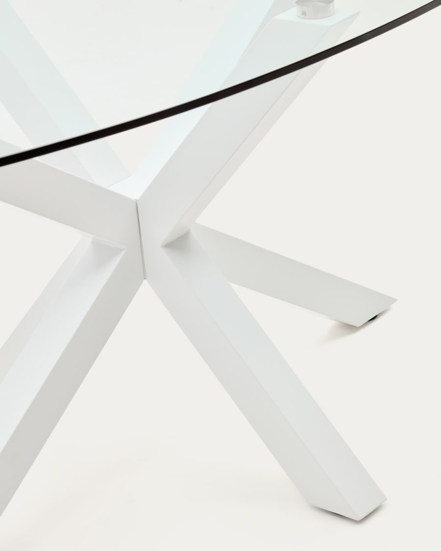 Argo round table with glass top and white-finished steel legs, Ø120 cm