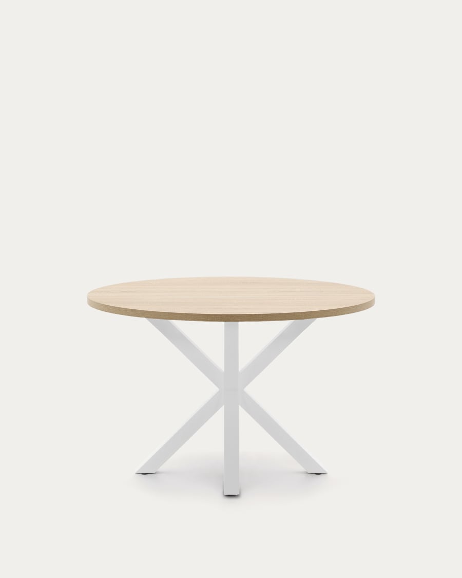 Argo round table with oak-effect melamine top and white-finished steel legs, Ø120 cm