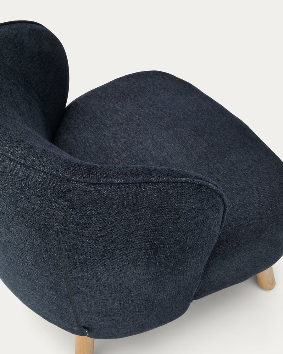 Ulit armchair in blue-grey chenille with solid beech wood legs in a natural finish