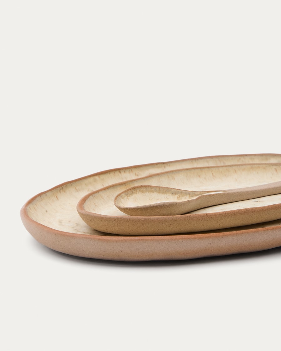 Zunel set of 2 beige ceramic plates and 1 spoon