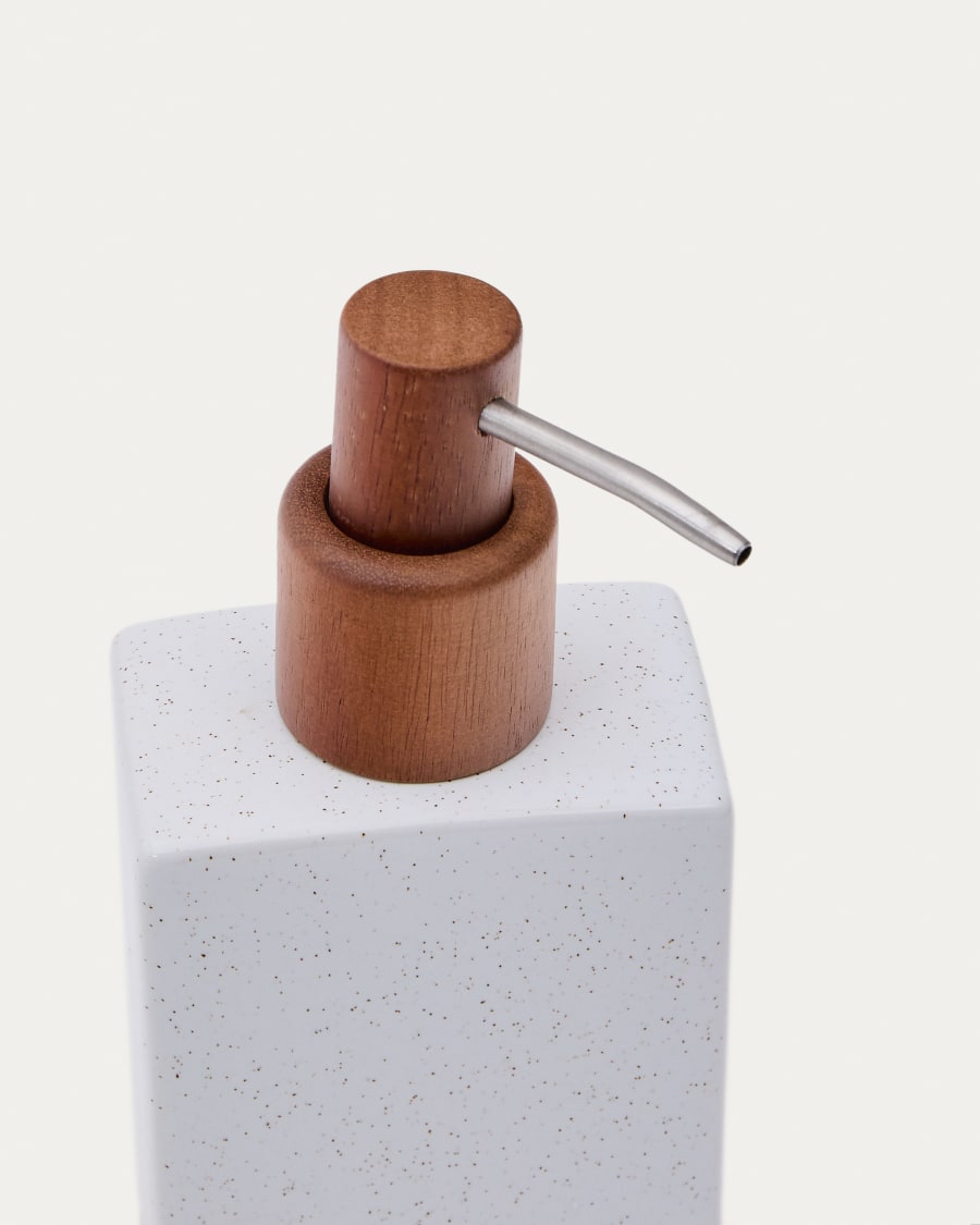 Careli soap dispenser in beige stoneware and acacia wood