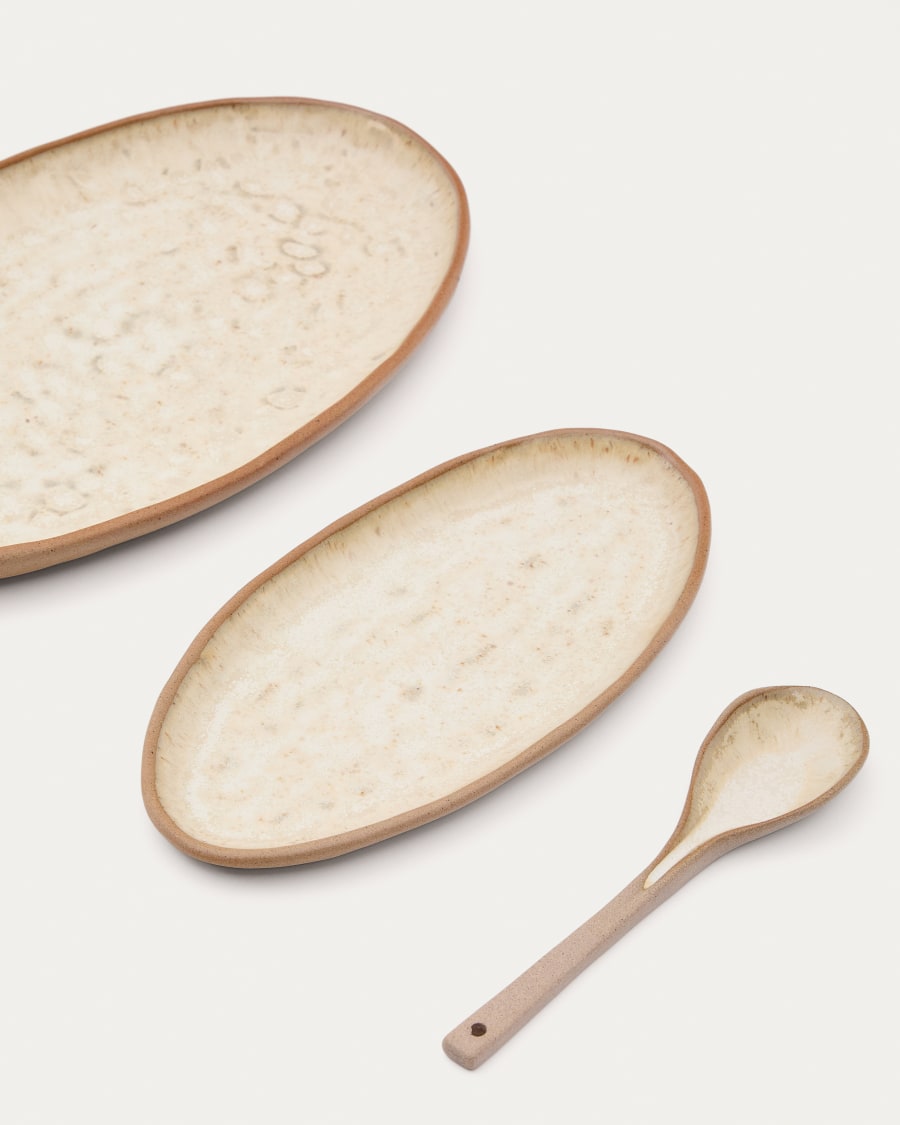 Zunel set of 2 beige ceramic plates and 1 spoon
