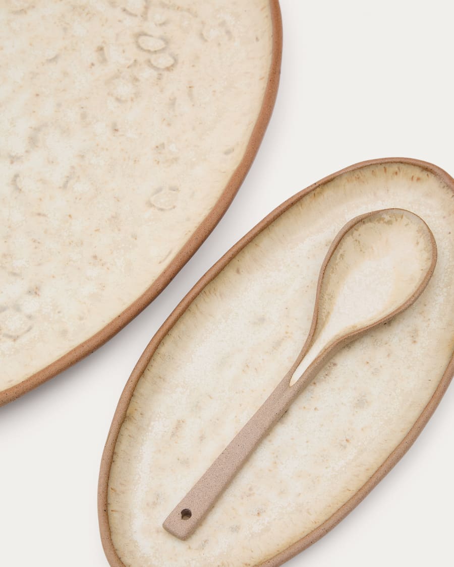 Zunel set of 2 beige ceramic plates and 1 spoon