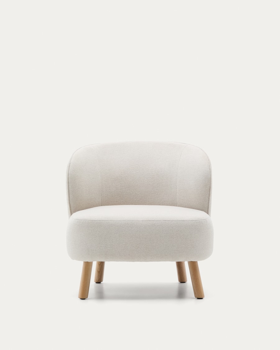 Ulit armchair in beige chenille with solid beech wood legs in a natural finish