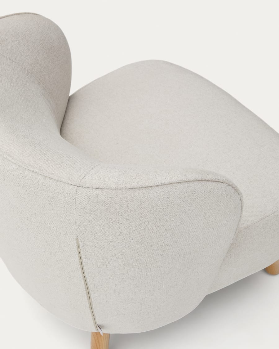 Ulit armchair in beige chenille with solid beech wood legs in a natural finish