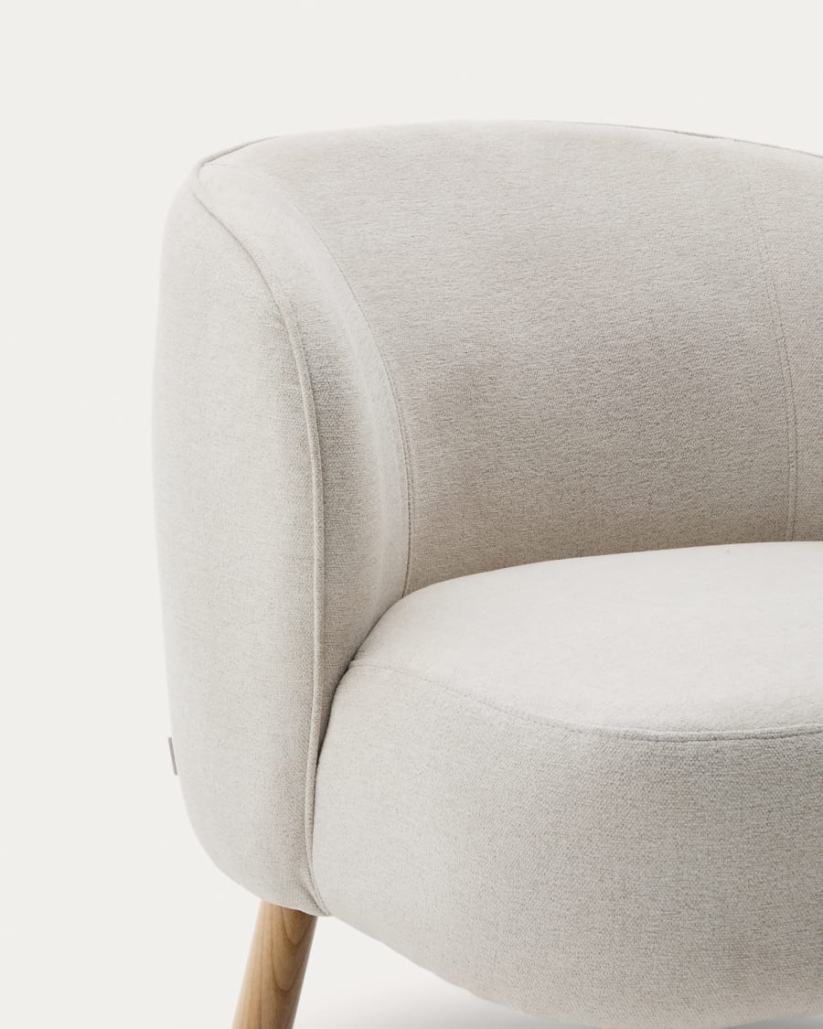 Ulit armchair in beige chenille with solid beech wood legs in a natural finish