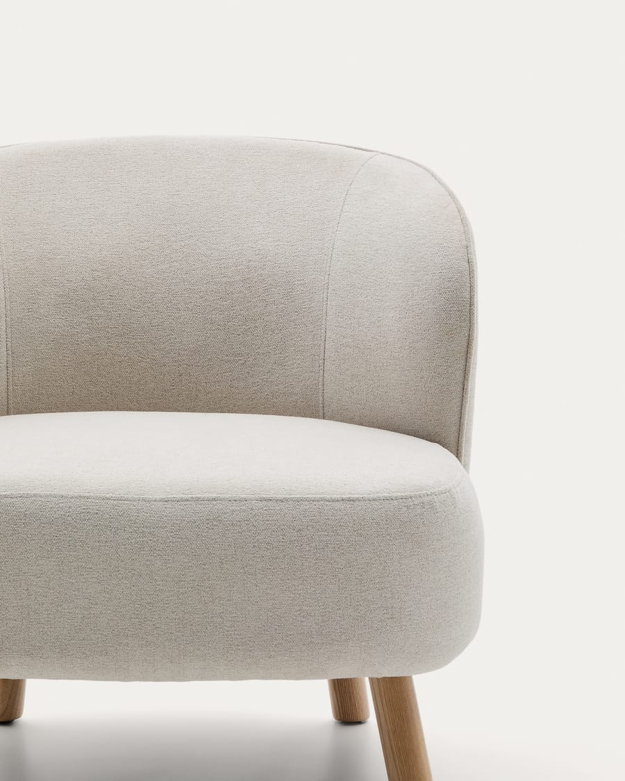 Ulit armchair in beige chenille with solid beech wood legs in a natural finish