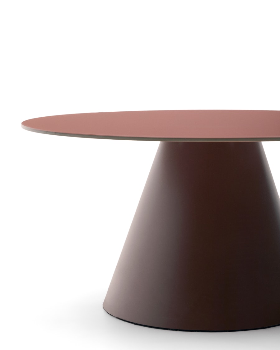 Wilshire coffee table with frosted tempered glass and matt terracotta painted steel finish Ø80cm