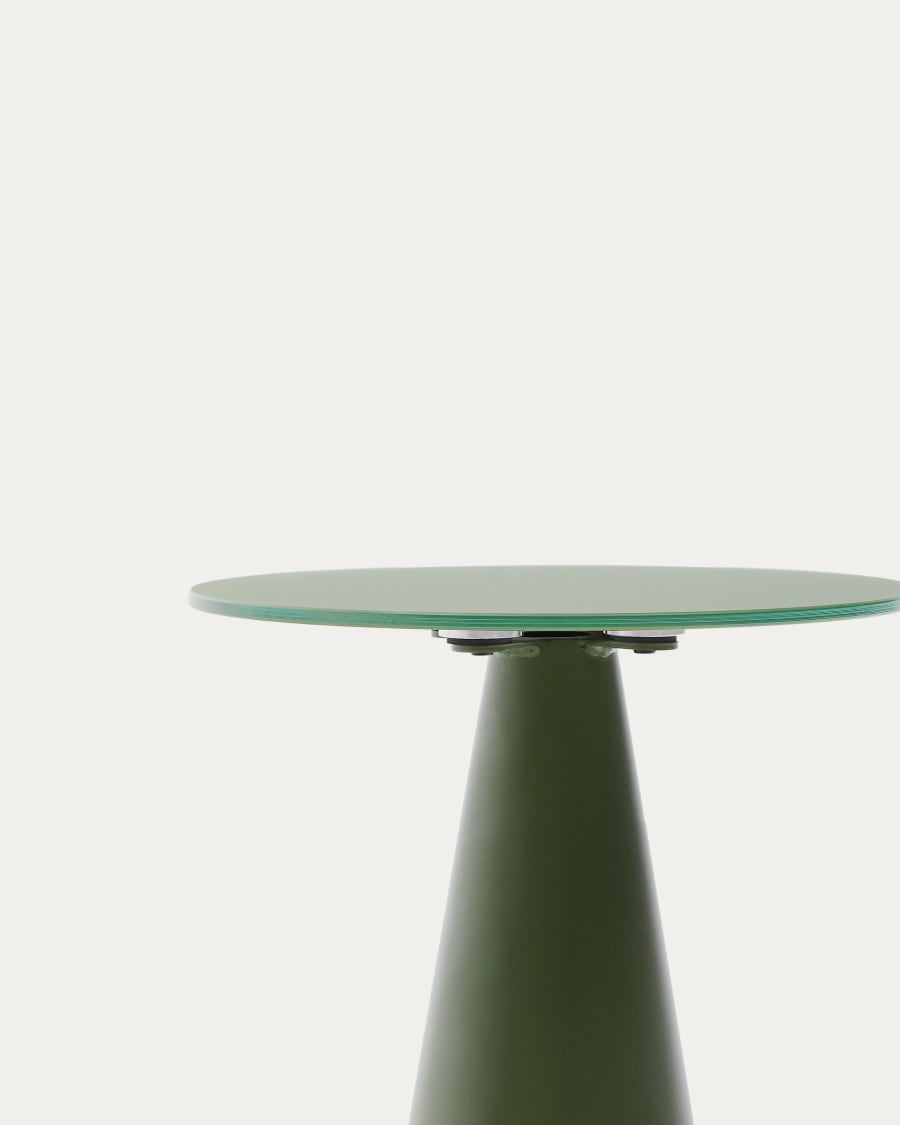 Wilshire side table with frosted tempered glass and matt green painted steel finish Ø35cm