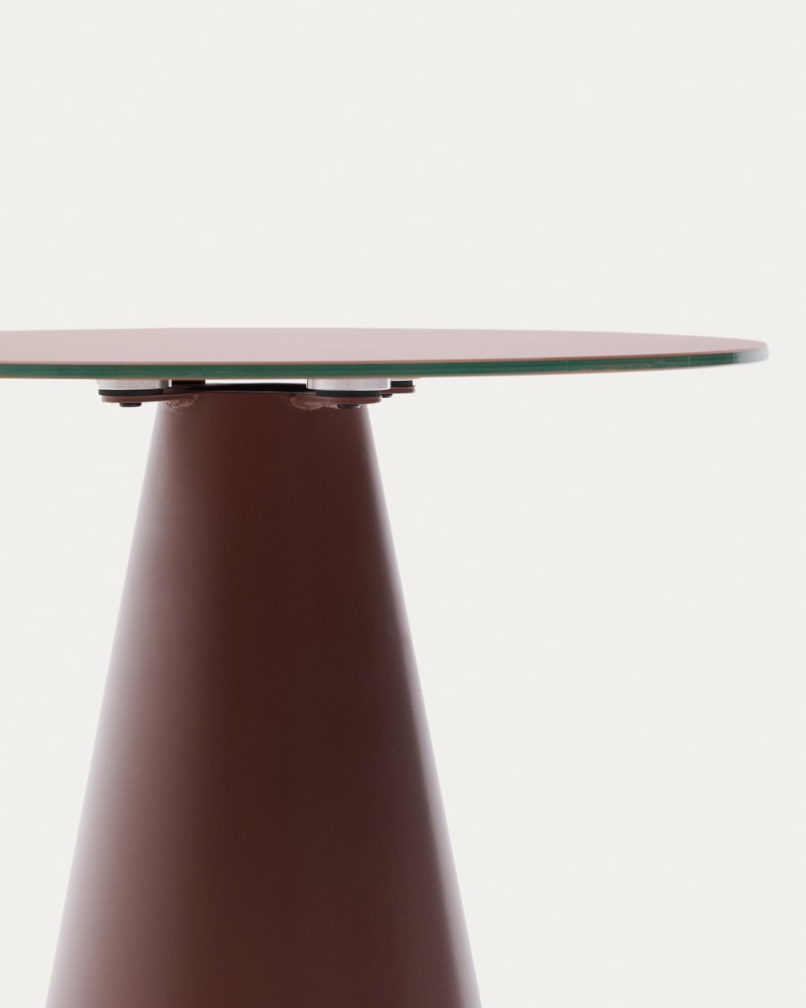 Wilshire side table with frosted tempered glass and matt terracotta painted steel finish Ø50cm