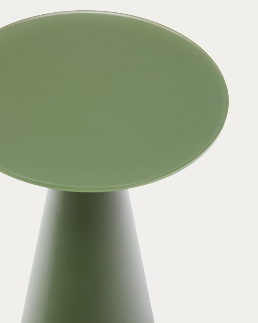 Wilshire side table with frosted tempered glass and matt green painted steel finish Ø35cm
