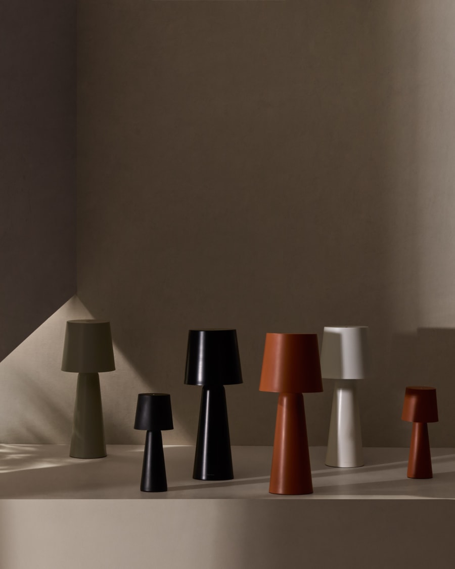 Arenys small outdoor metal table lamp in a terracotta painted finish