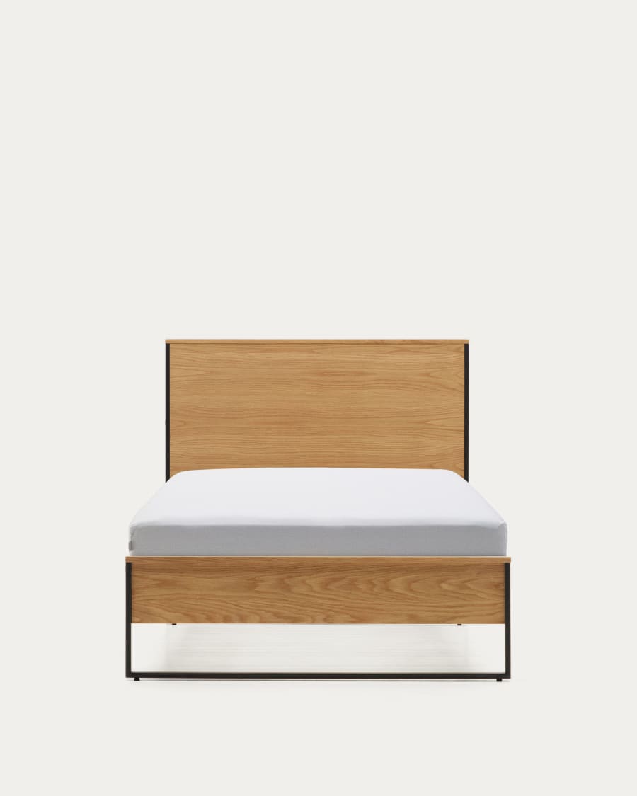 Taiana oak wood veneer bed with steel legs in a black finish, 90 x 190 cm
