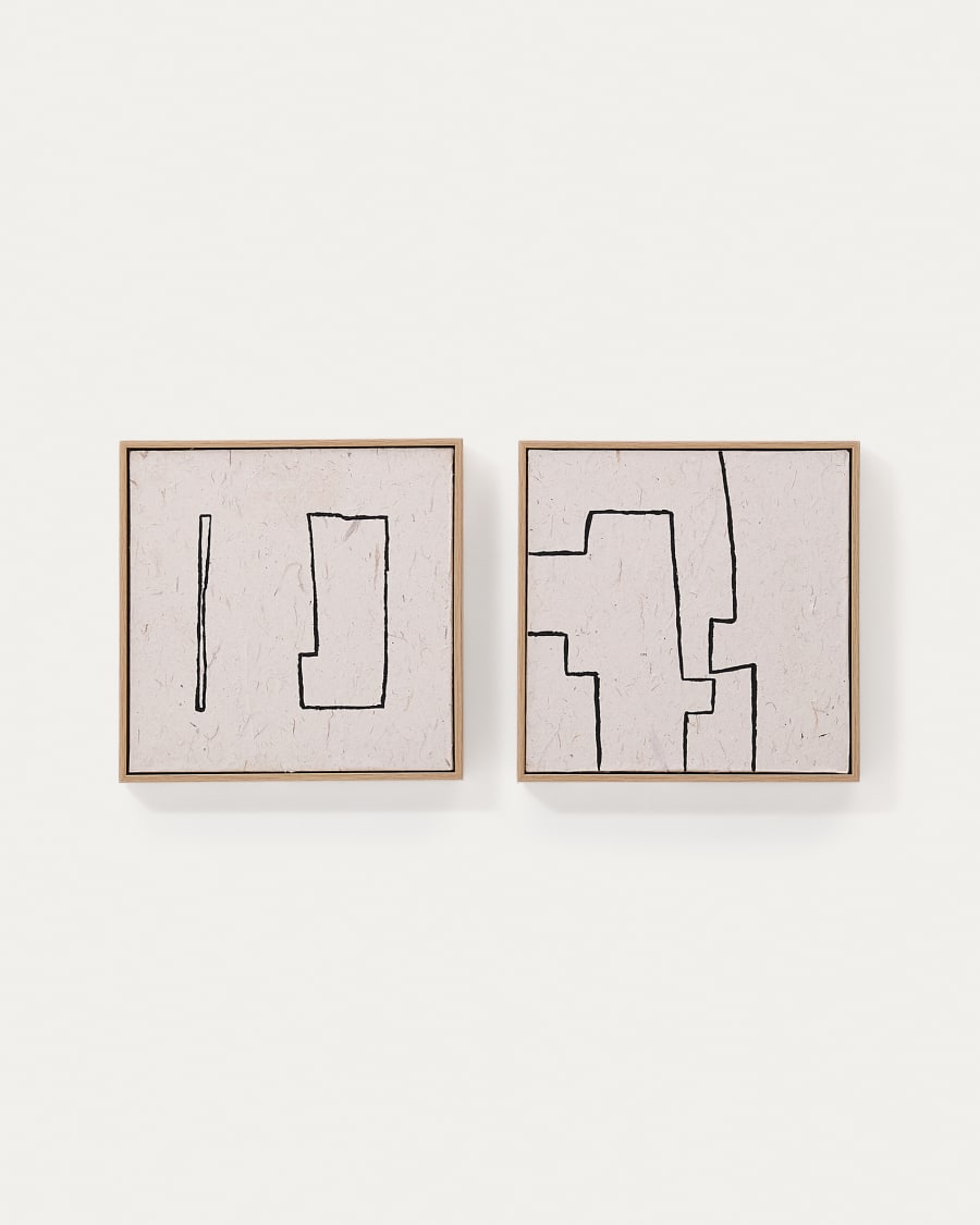 Set Neyra di 2 quadri astratti dipinti a mano su carta riciclata nera e beige 30 x 30 cm