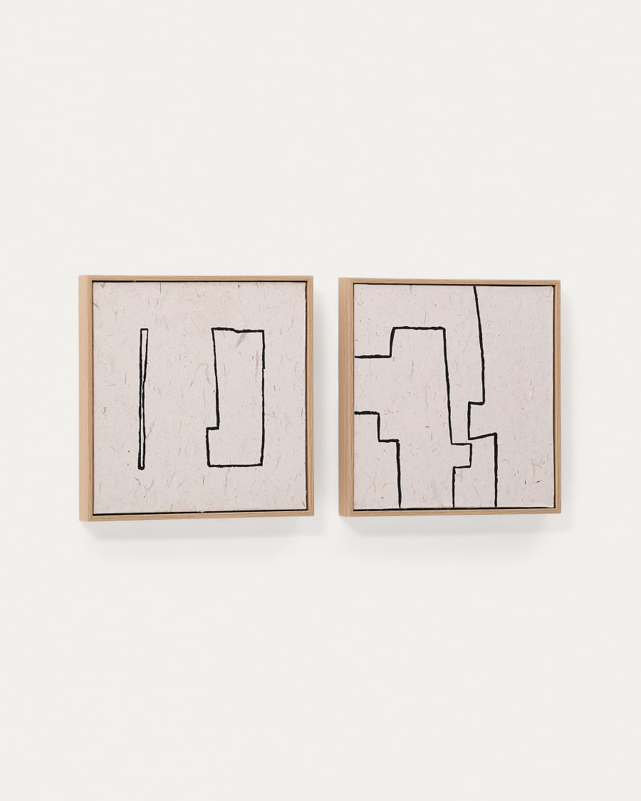Set Neyra di 2 quadri astratti dipinti a mano su carta riciclata nera e beige 30 x 30 cm