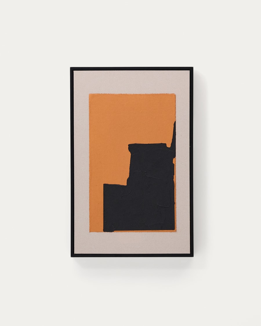 Abstraktes Bild Zernu aus handbemaltem Leinen orange und schwarz 42 x 65 cm