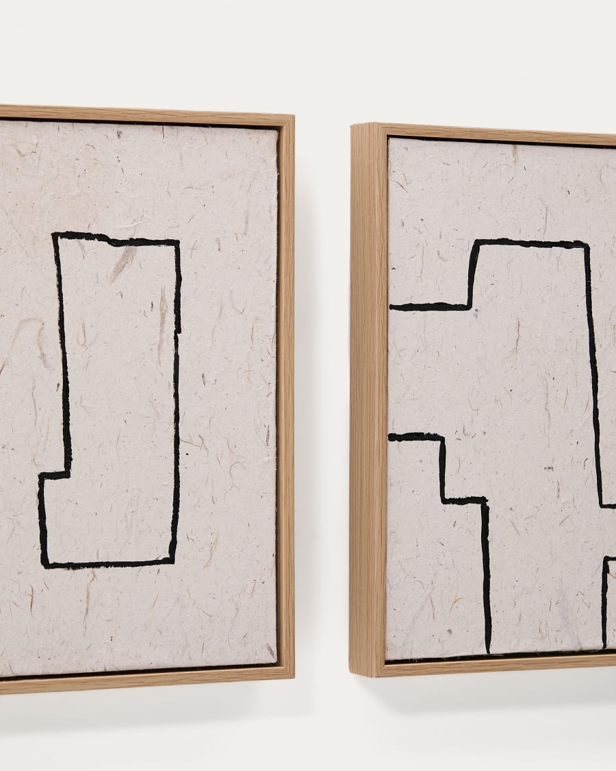 Set Neyra di 2 quadri astratti dipinti a mano su carta riciclata nera e beige 30 x 30 cm