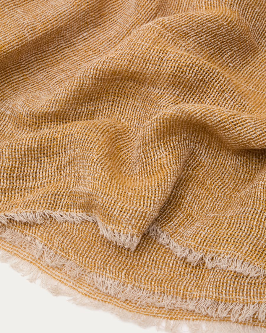 Sanae mustard 100% linen blanket with fringing 130 x 170cm