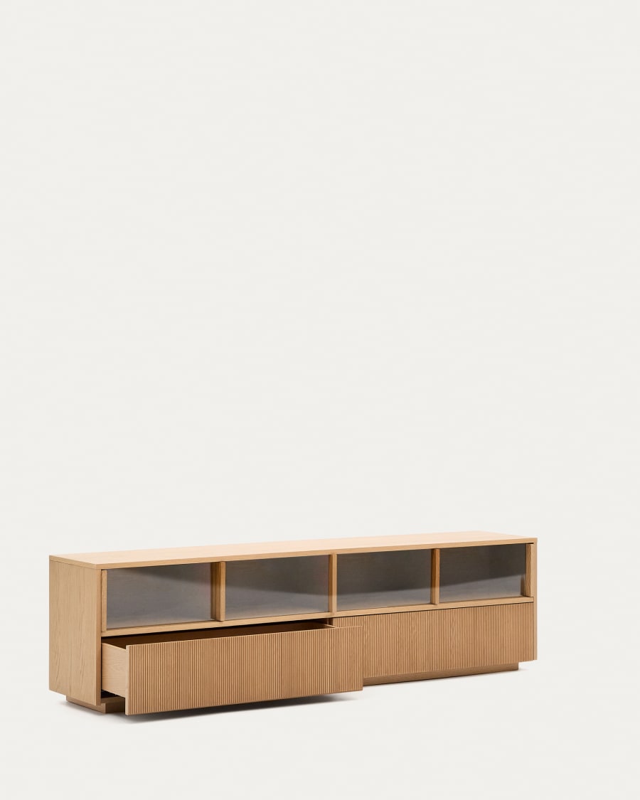 Helvine sideboard 4 doors and 2 drawers oak veneer and tempered glass, 200 x 54 cm FSC 100% Assembled