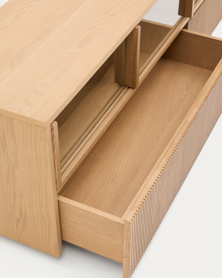 Helvine sideboard 4 doors and 2 drawers oak veneer and tempered glass, 200 x 54 cm FSC 100% Assembled