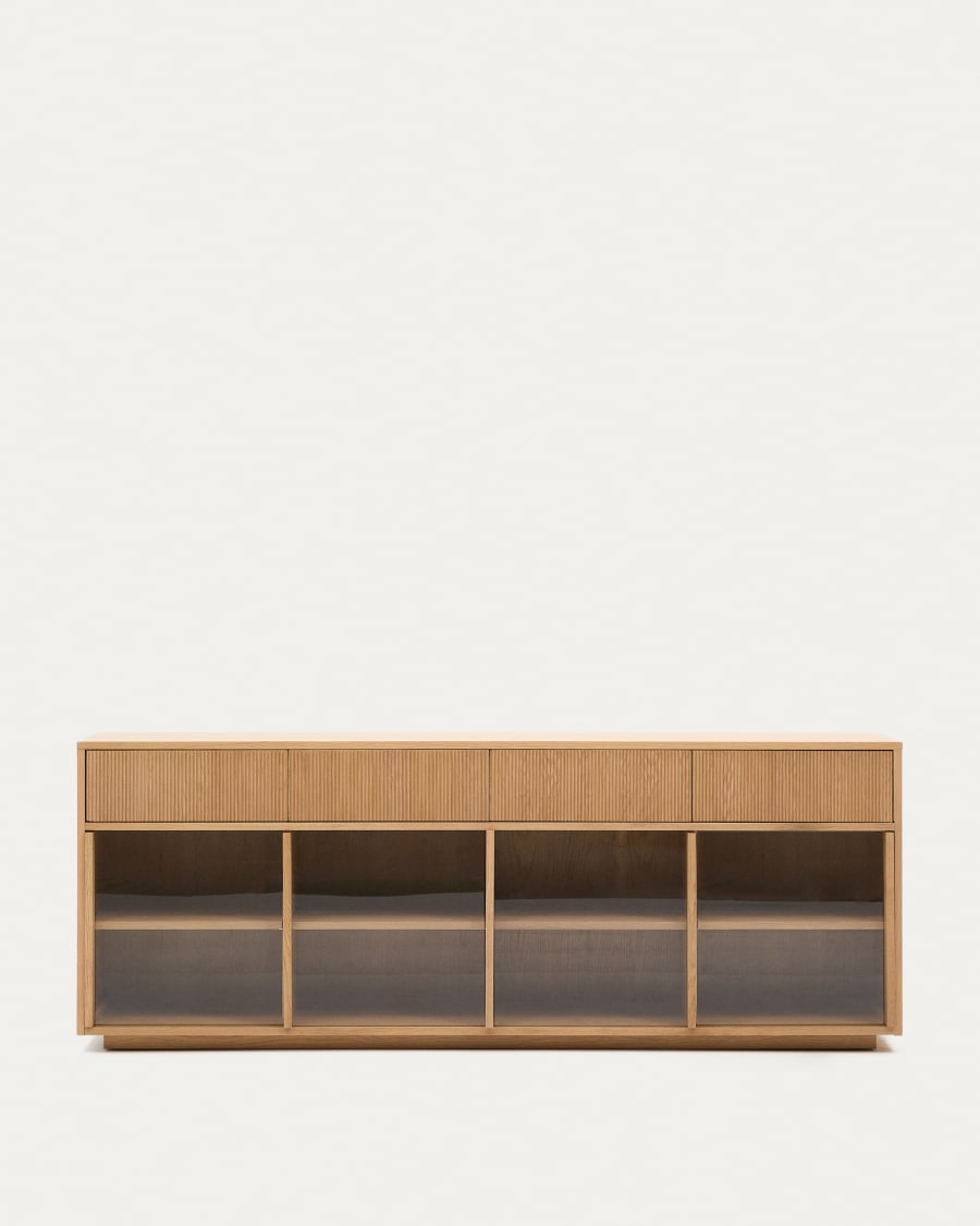 Helvine sideboard 4 doors and 4 drawers oak veneer and tempered glass, 200 x 80cm FSC 100% Assembled