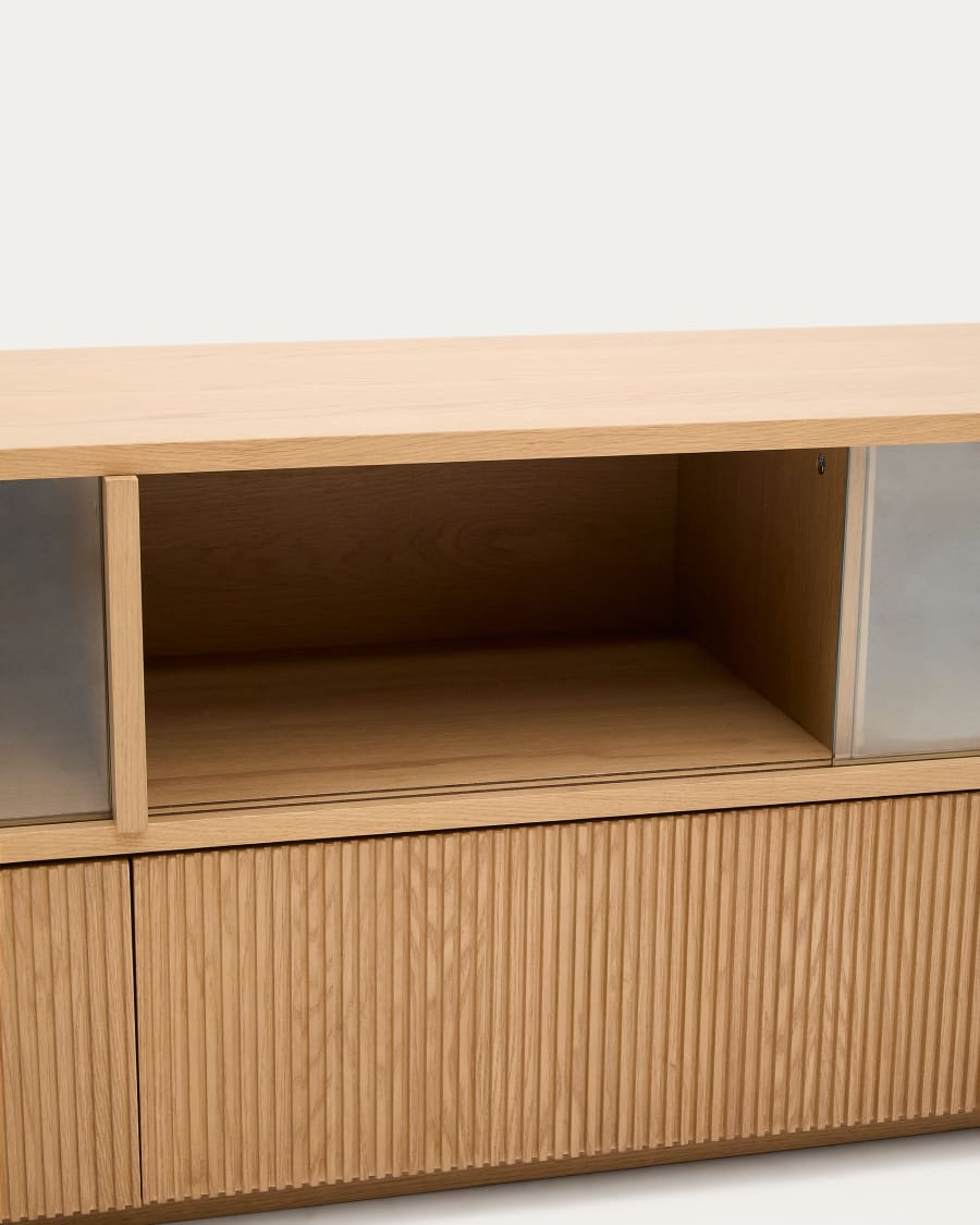 Helvine sideboard 4 doors and 2 drawers oak veneer and tempered glass, 200 x 54 cm FSC 100% Assembled