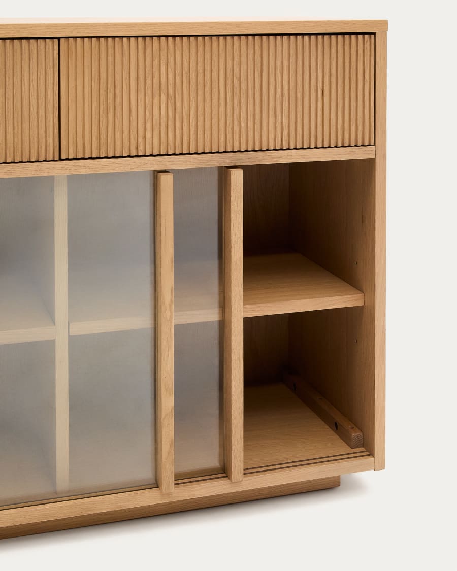 Helvine sideboard 4 doors and 4 drawers oak veneer and tempered glass, 200 x 80cm FSC 100% Assembled