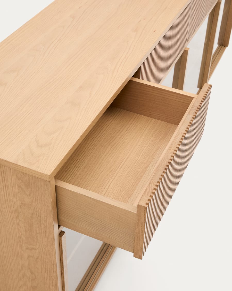 Helvine sideboard 4 doors and 4 drawers oak veneer and tempered glass, 200 x 80cm FSC 100% Assembled