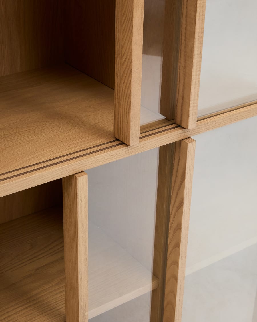 Helvine display cabinet 4 doors 2 drawers oak veneer and tempered glass 100 x 174 cm FSC 100% Assembled