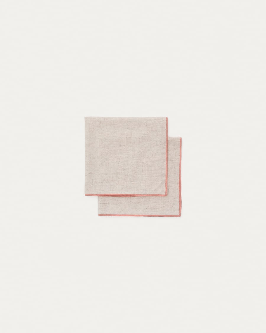 Veliat set of 2 beige linen and viscose napkins with contrasting pink trim 40 x 40cm