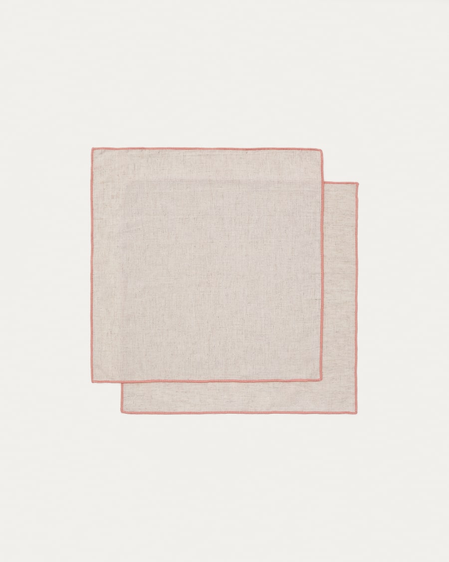 Veliat set of 2 beige linen and viscose napkins with contrasting pink trim 40 x 40cm