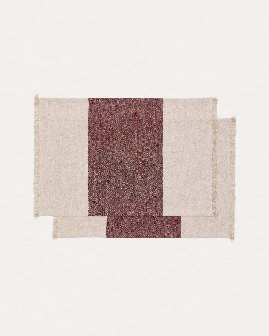 Vireta set of 2 maroon and beige cotton and jute placemats with fringing 35 x 50cm