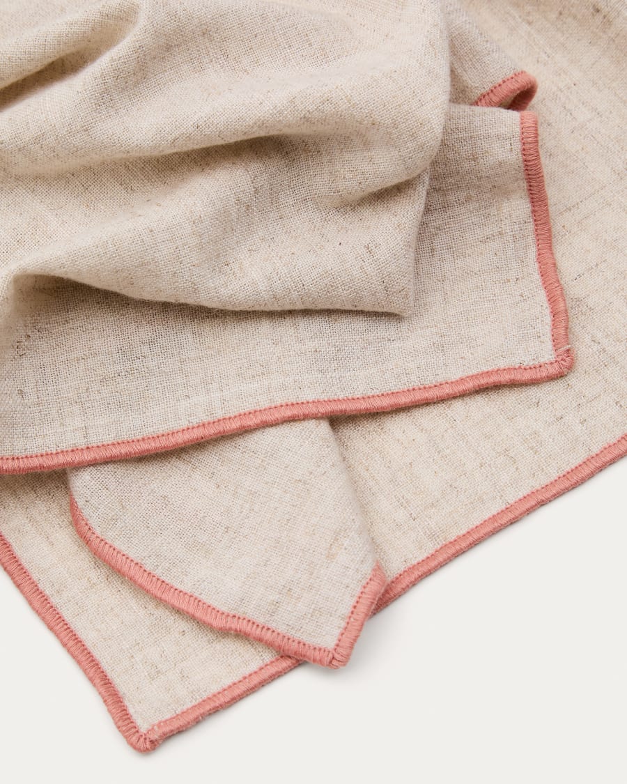 Veliat set of 2 beige linen and viscose napkins with contrasting pink trim 40 x 40cm