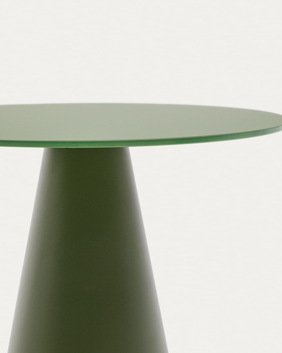 Wilshire side table with frosted tempered glass and matt green painted steel finish Ø50cm