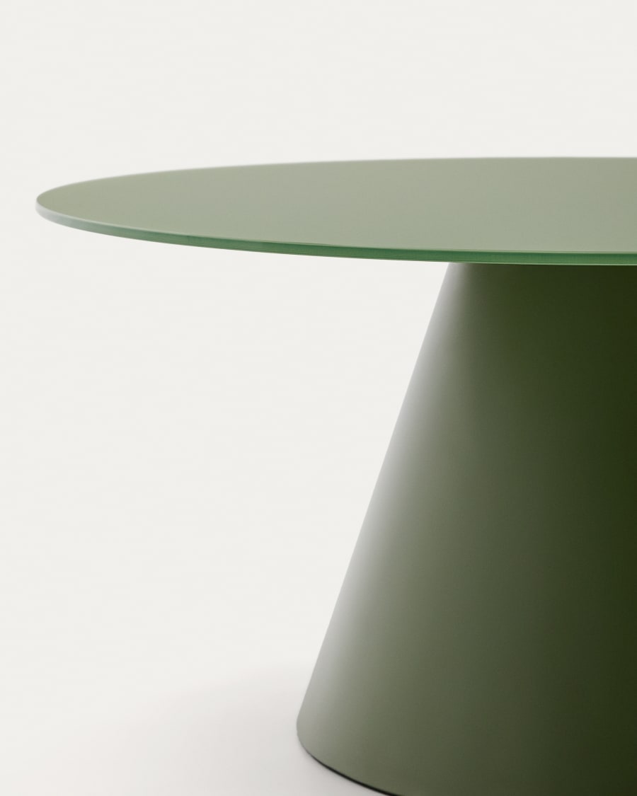Wilshire coffee table with frosted tempered glass and matt green painted steel finish Ø80cm