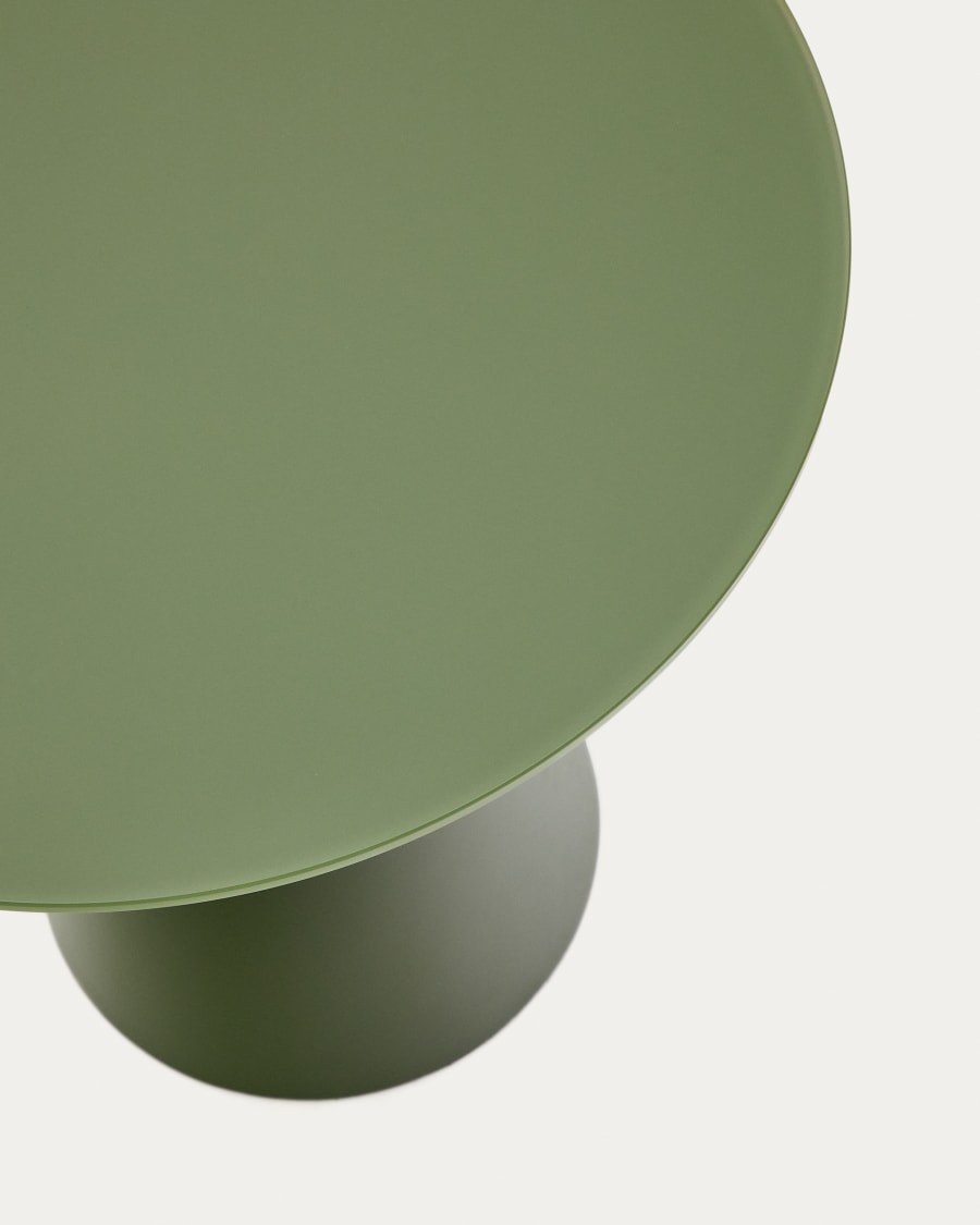 Wilshire side table with frosted tempered glass and matt green painted steel finish Ø50cm